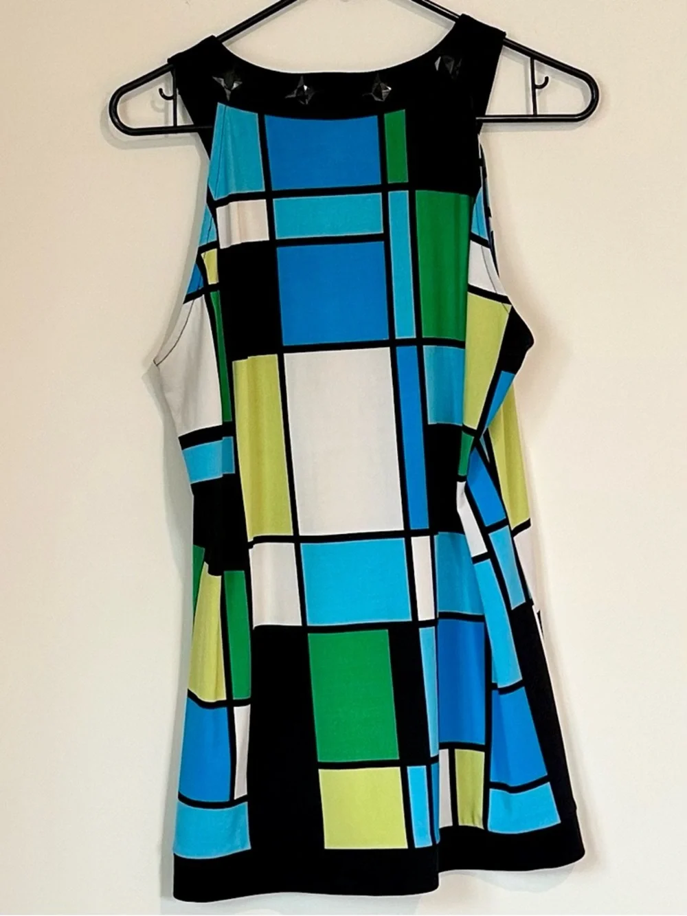 Sandra & Andre Blue & Green Geometric Sleeveless Tank with Black Bead Trim - L - Picture 6 of 6